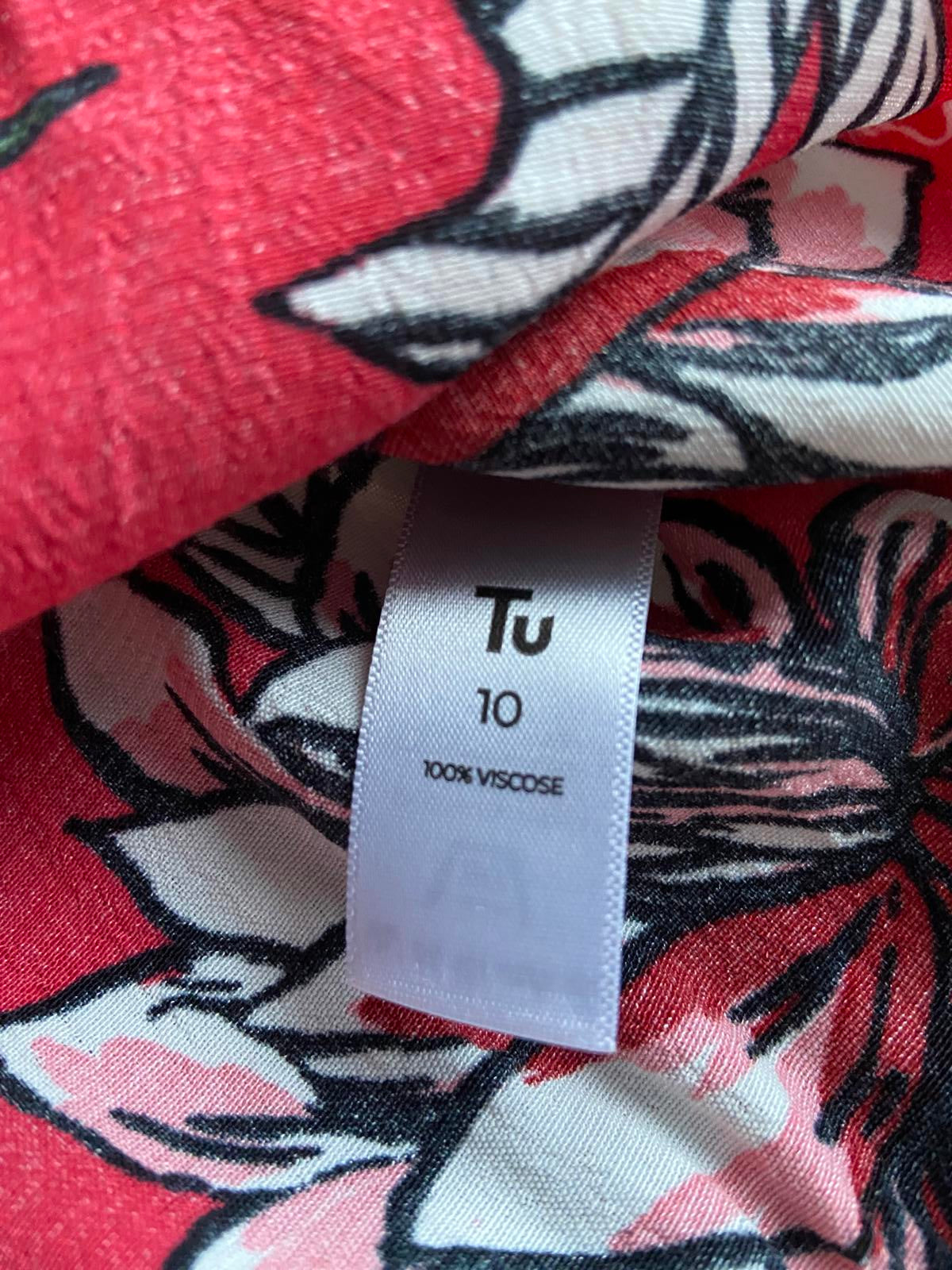 Tu Size 10 Red Floral Short Sleeve Blouse Tie Front Hem 100% Viscose Top