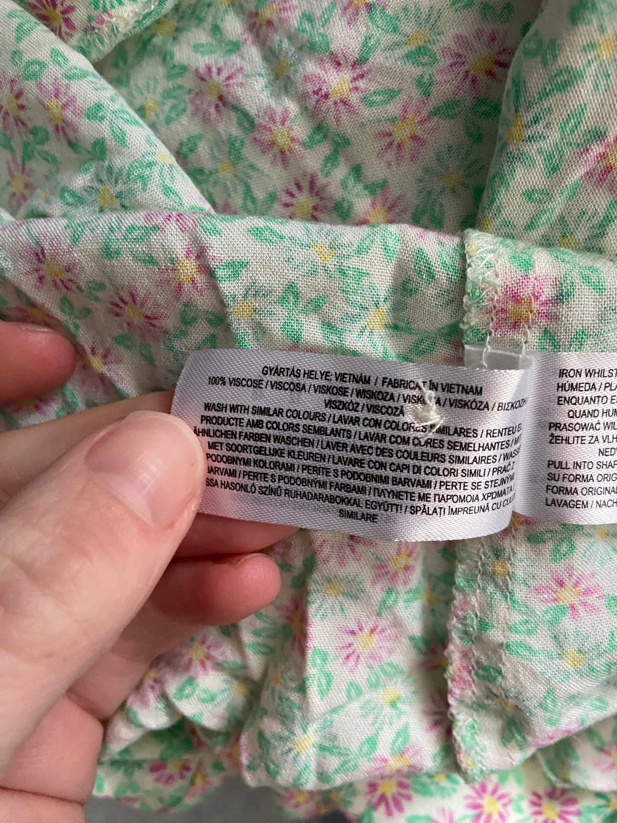Primark Size 16 Green Floral Button Down Mini Dress Elasticated Neck & Sleeves