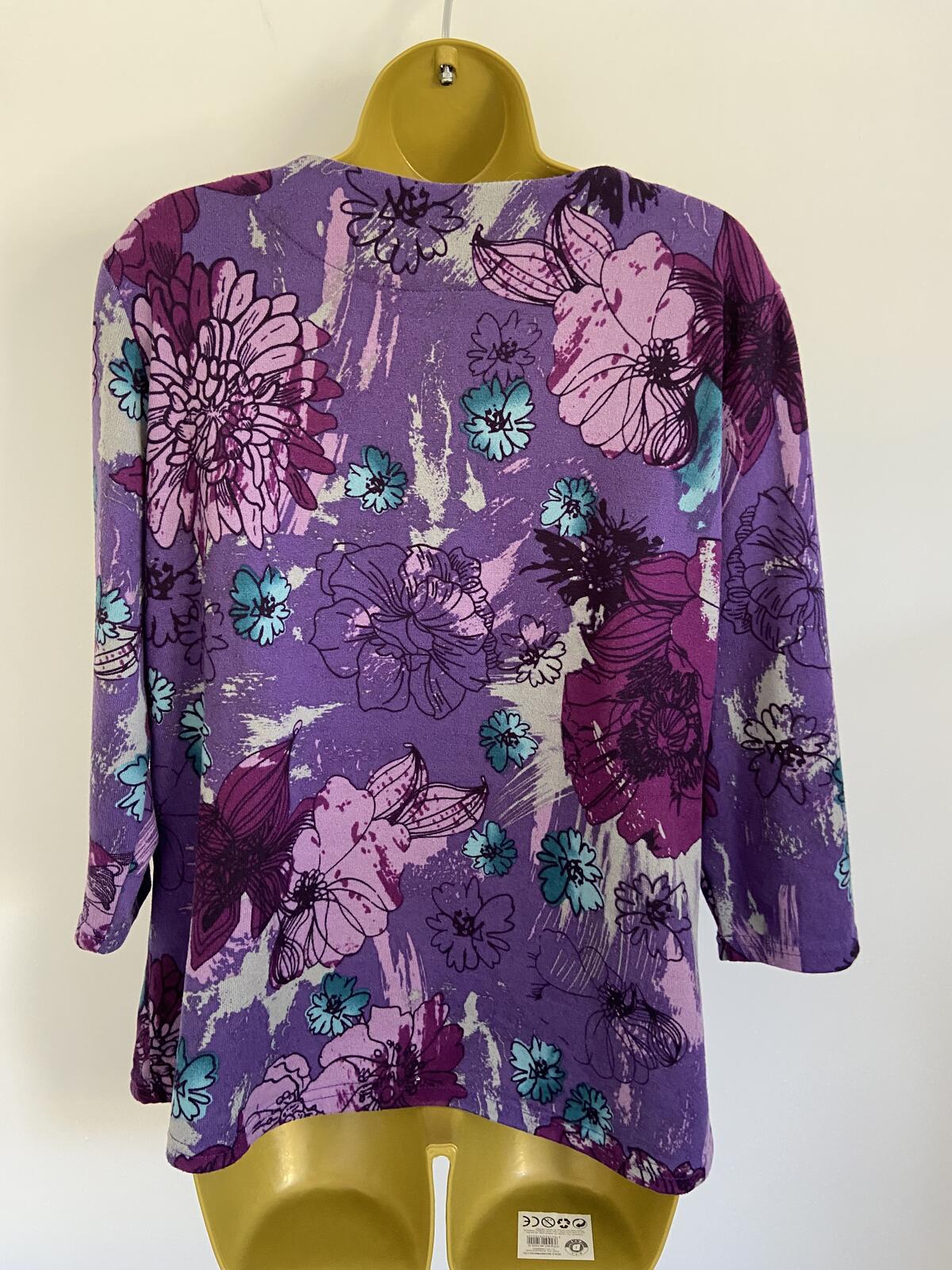 Purple Floral Three-Quarter Sleeve Soft Touch Top - Size 12
