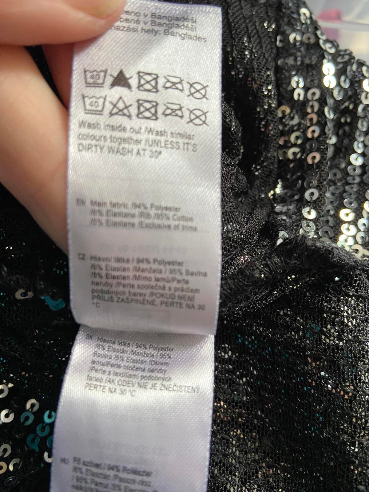 F&F Size Large Sparkly Silver Sequin Black Short Sleeve Party Top T-Shirt
