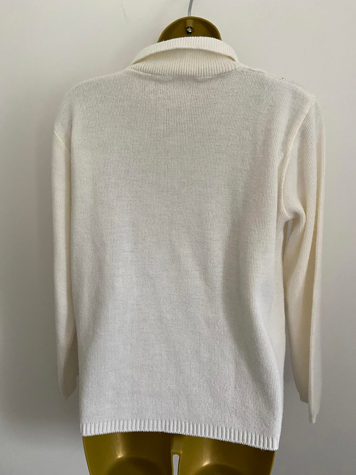 Vintage White Collared Knit Jumper Size 14-16 Diamond Pointelle Button P2P 55cm