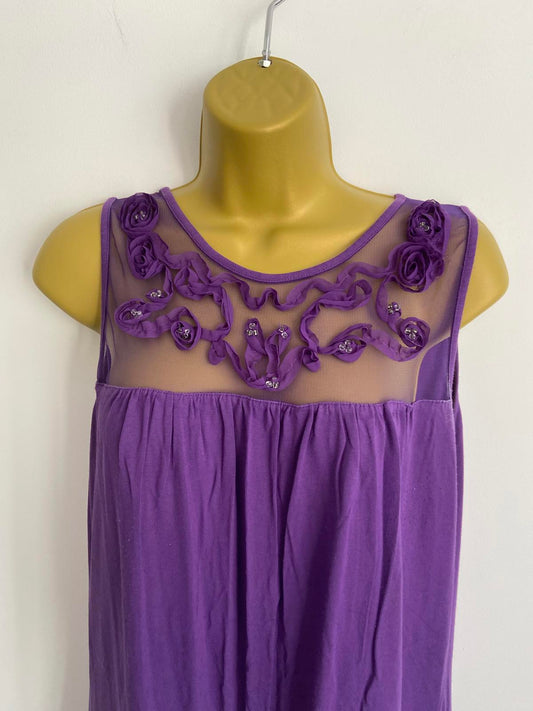 Soon Size 14 Purple Sleeveless Top Sheer Mesh Floral Embellished Neckline