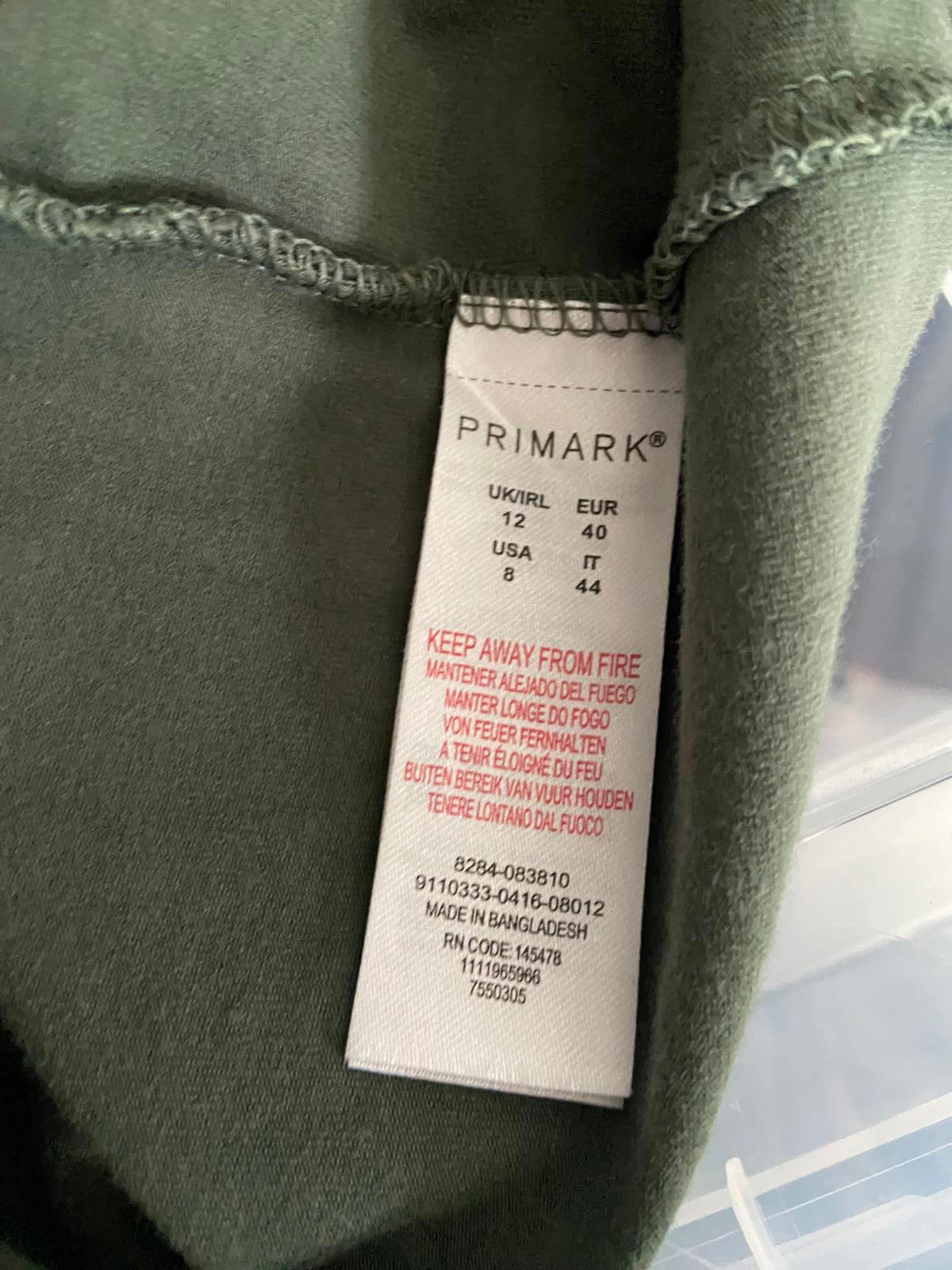 Primark Size 12 Khaki Dark Green Long Sleeve Stretchy Cotton Basic T-Shirt Dress