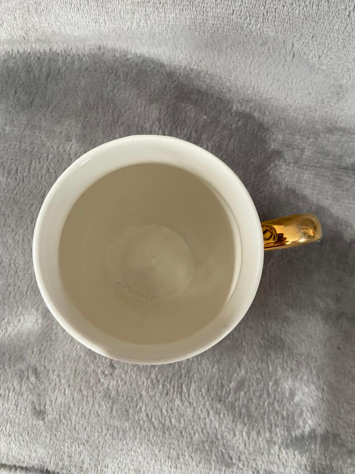 White Ceramic Geometric Diamond Pattern Mug Gold Handle Boho Coffee Cup