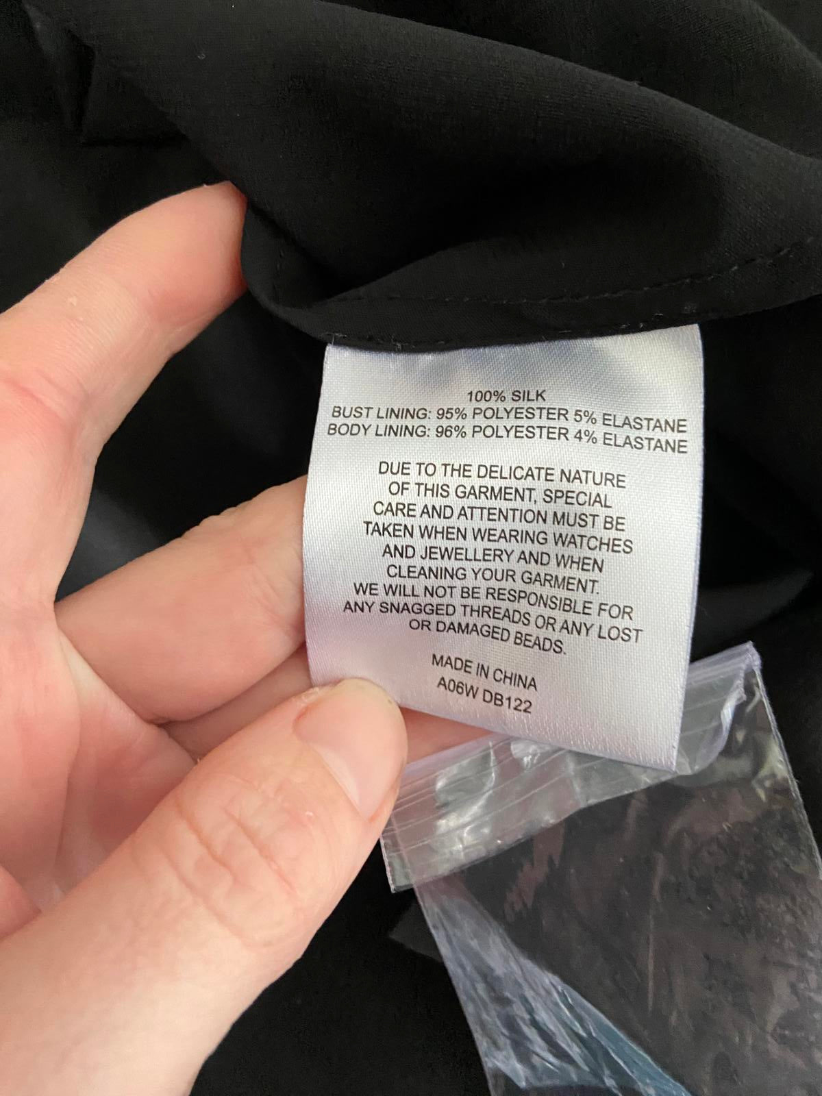 Karen Millen Size 14 Black 100% Silk Boned Bodice Strappy Cocktail Dress