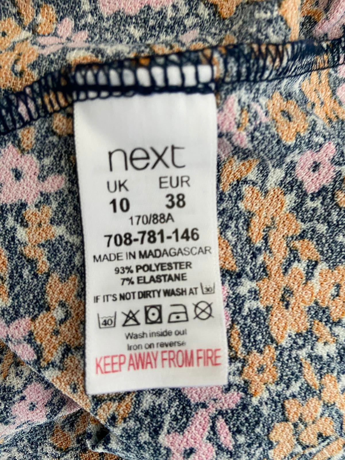 Next Size 10 Orange Pink Navy Ditsy Floral V-Neck Tea Dress Puff Sleeve