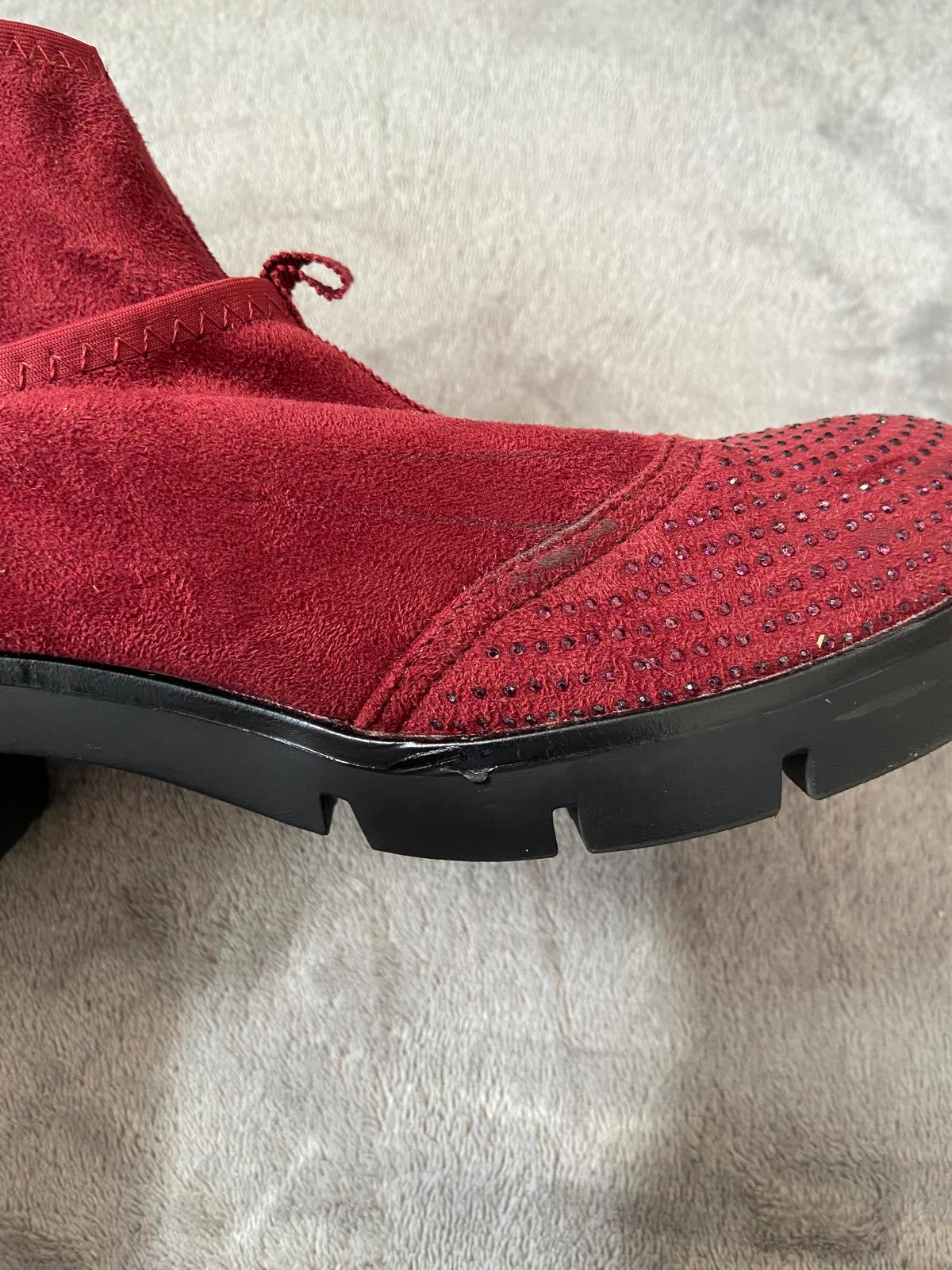 Beauty Girls Size 6 Red Faux Suede Diamante Studded Ankle Boots Lug Sole