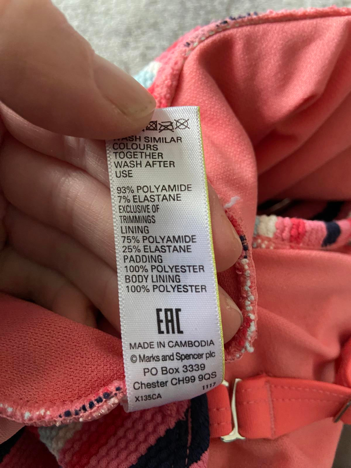 M&S Size 16 Pink & Navy Striped Textured Plunge Neck One Piece Swimsuit