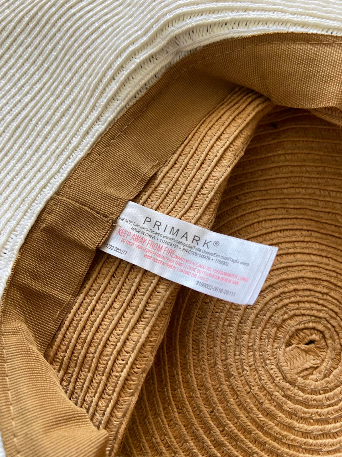 Primark One Size Straw Sun Hat White Wide Brim Brown Crown Striped Ribbon