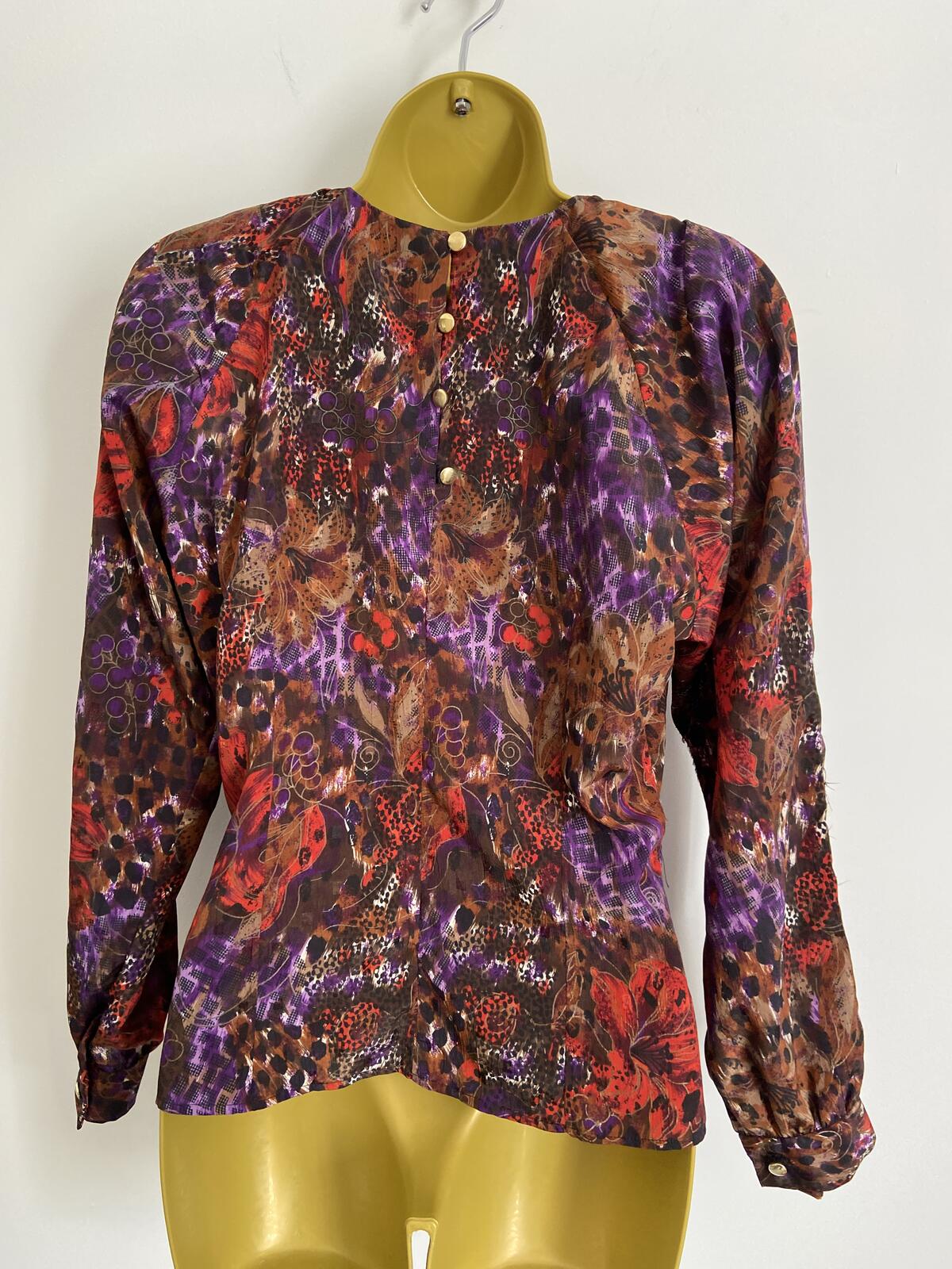 Handmade Purple & Red Abstract Floral High Neck Blouse Puffy Shoulder Size 10