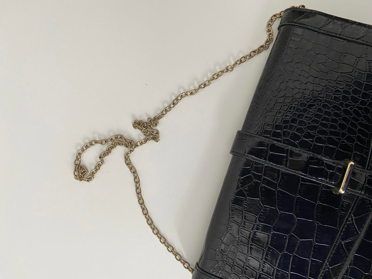 M&Co Snake Skin Handbag - Black, Gold Chain, 32x20cm