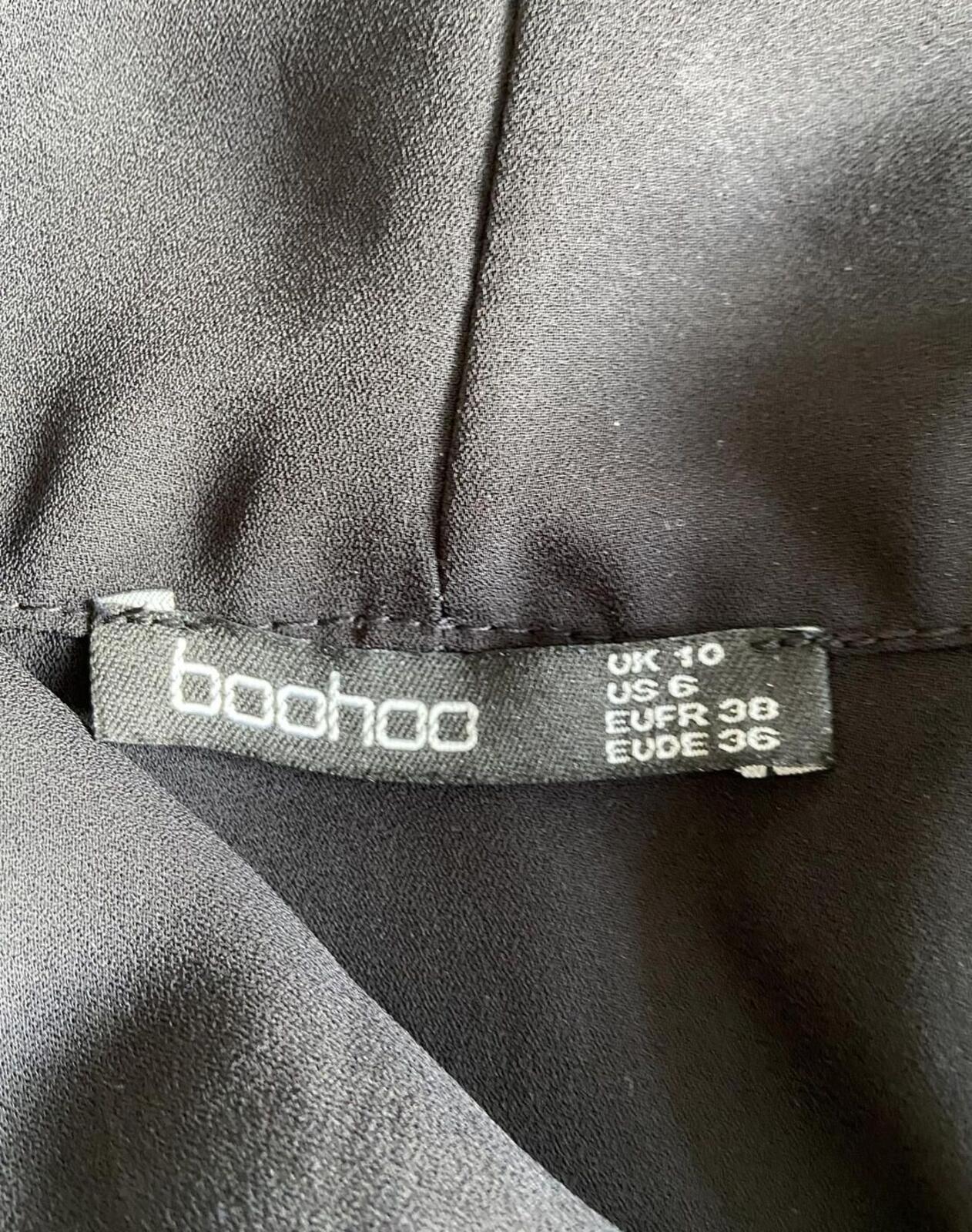 Boohoo Black Sheer Tie Neck Blouse Size 10 Asymmetric Button Front Long Sleeve
