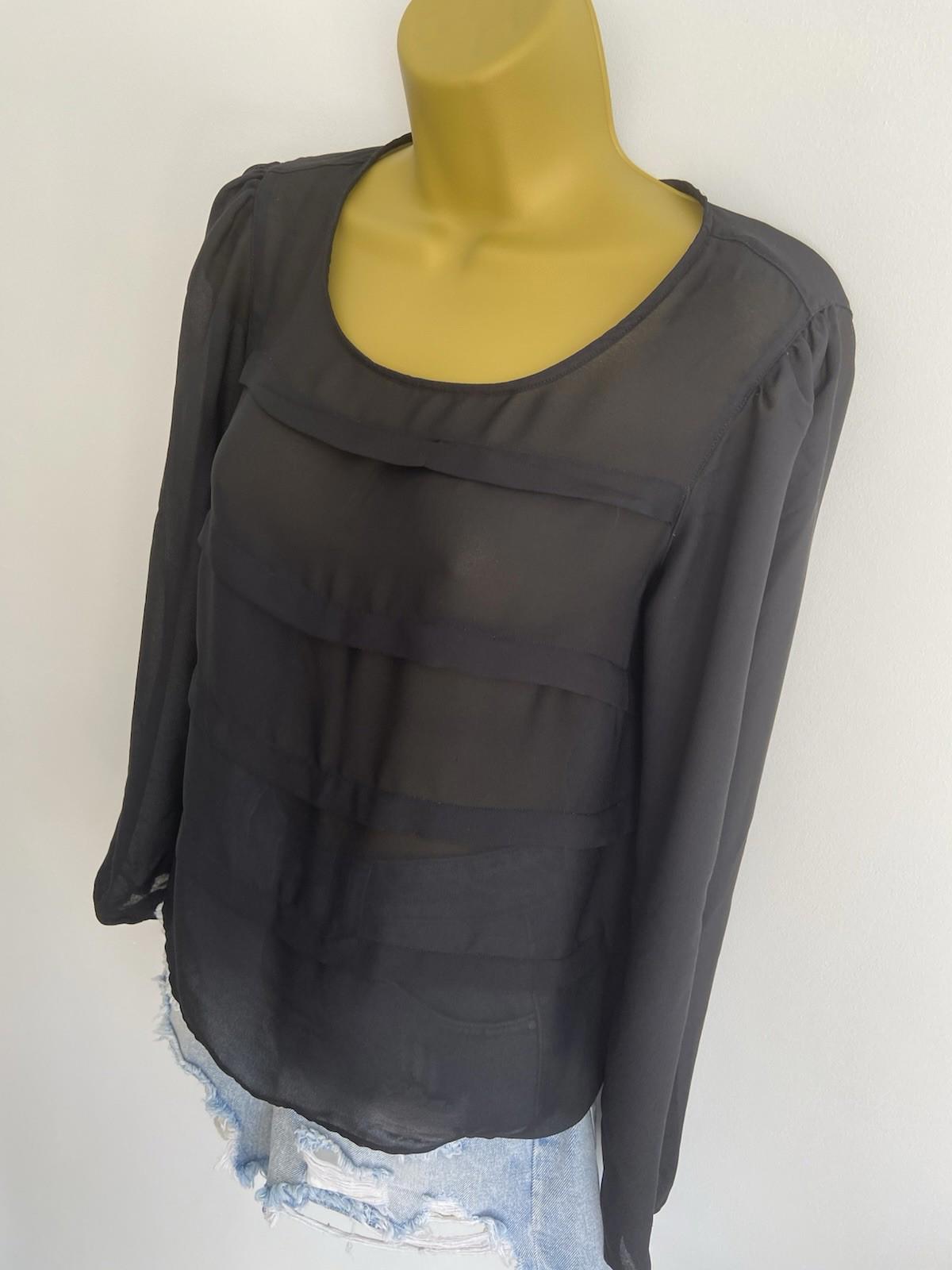 George Sheer Black Blouse – Size 10 – White Pleats & Long Sleeves