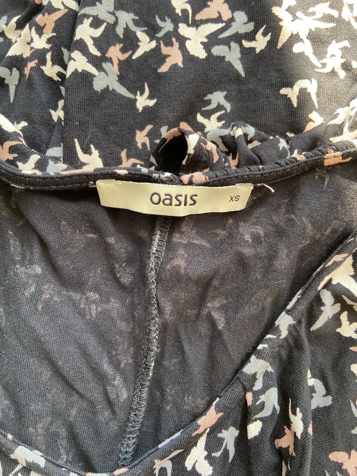 Oasis Extra Small Sleeveless Dress – Black with Bird Print, Pre-Loved