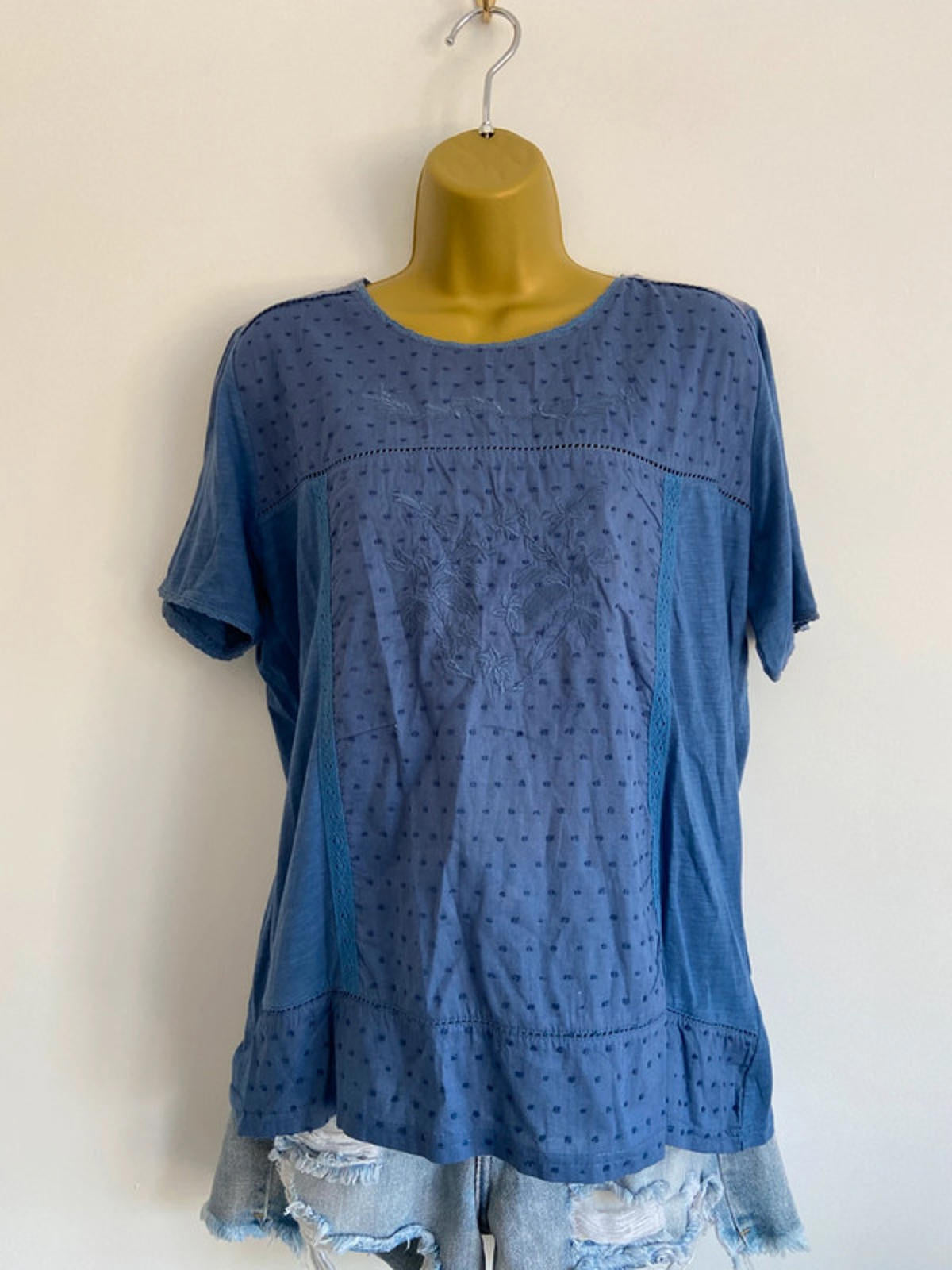 ISLE Blue Embroidered Blouse – Size M 14/16 Lace Trim, 100% Cotton