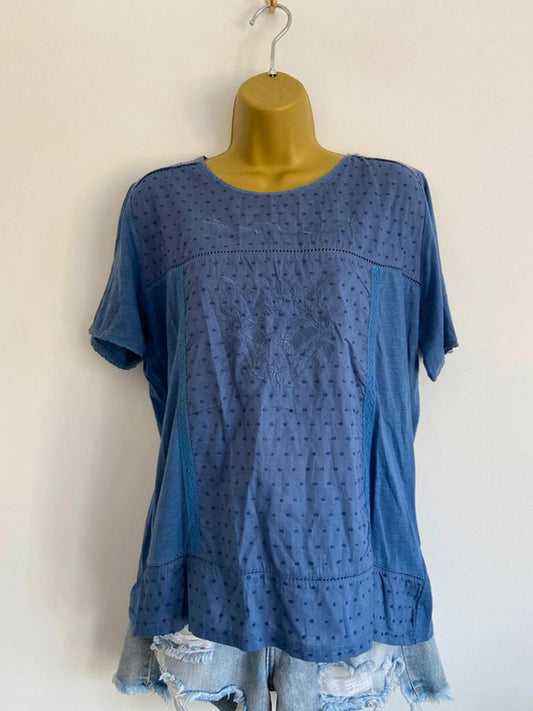 ISLE Blue Embroidered Blouse – Size M 14/16 Lace Trim, 100% Cotton
