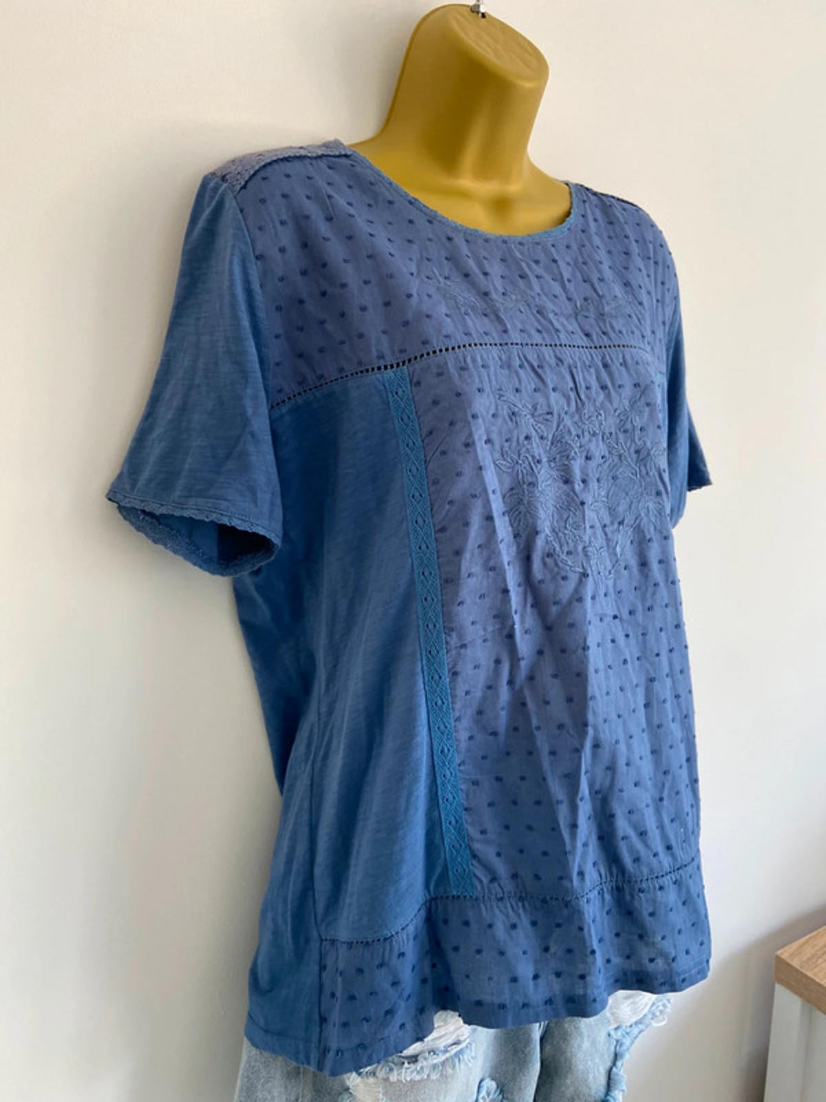 ISLE Blue Embroidered Blouse – Size M 14/16 Lace Trim, 100% Cotton
