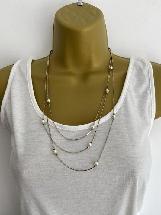 Silver Tone Multi-Strand Bauble Statement Necklace Costume Jewellery