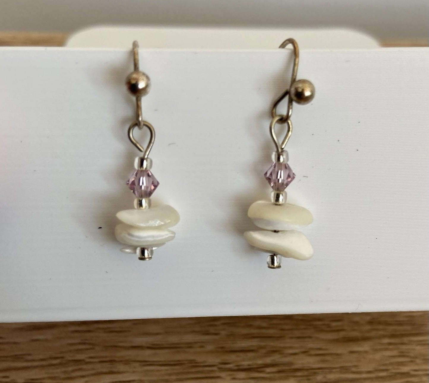 Dangle Earrings – White Polished Stone with Pink Gem on Fish Hooks, 3cm Drop
