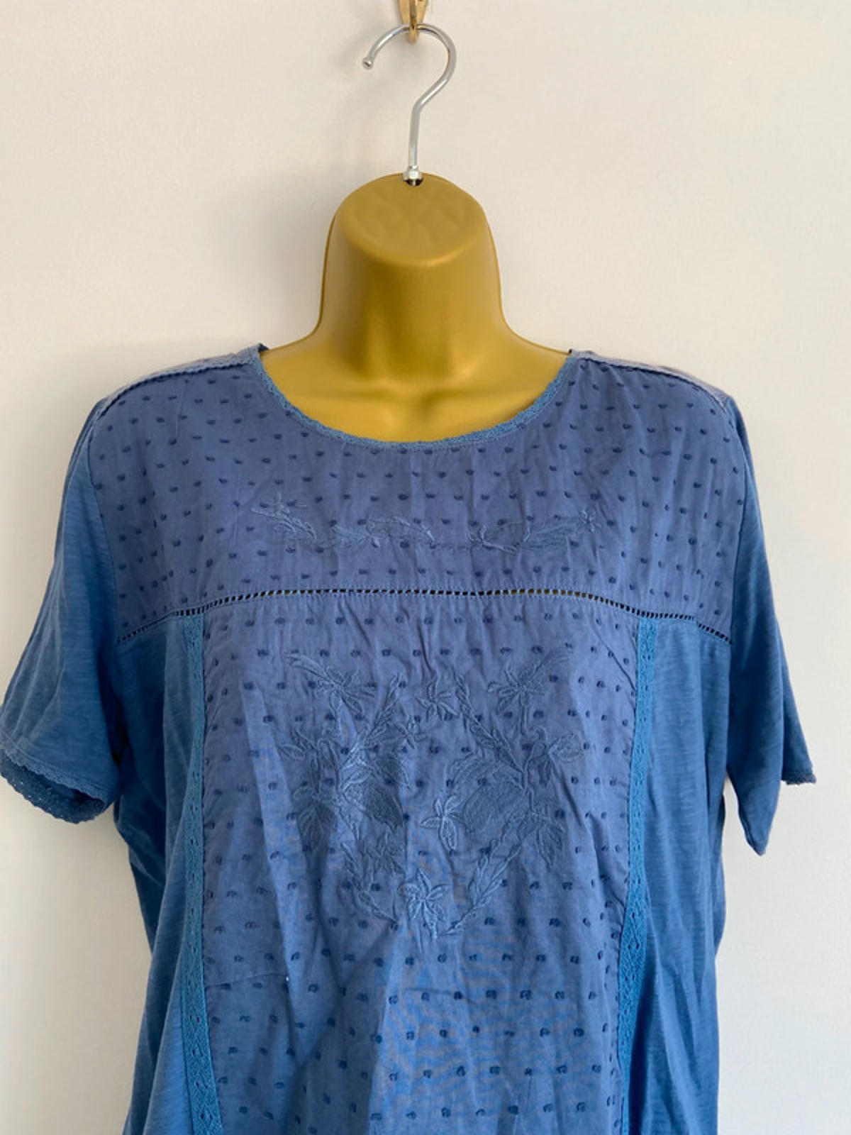 ISLE Blue Embroidered Blouse – Size M 14/16 Lace Trim, 100% Cotton