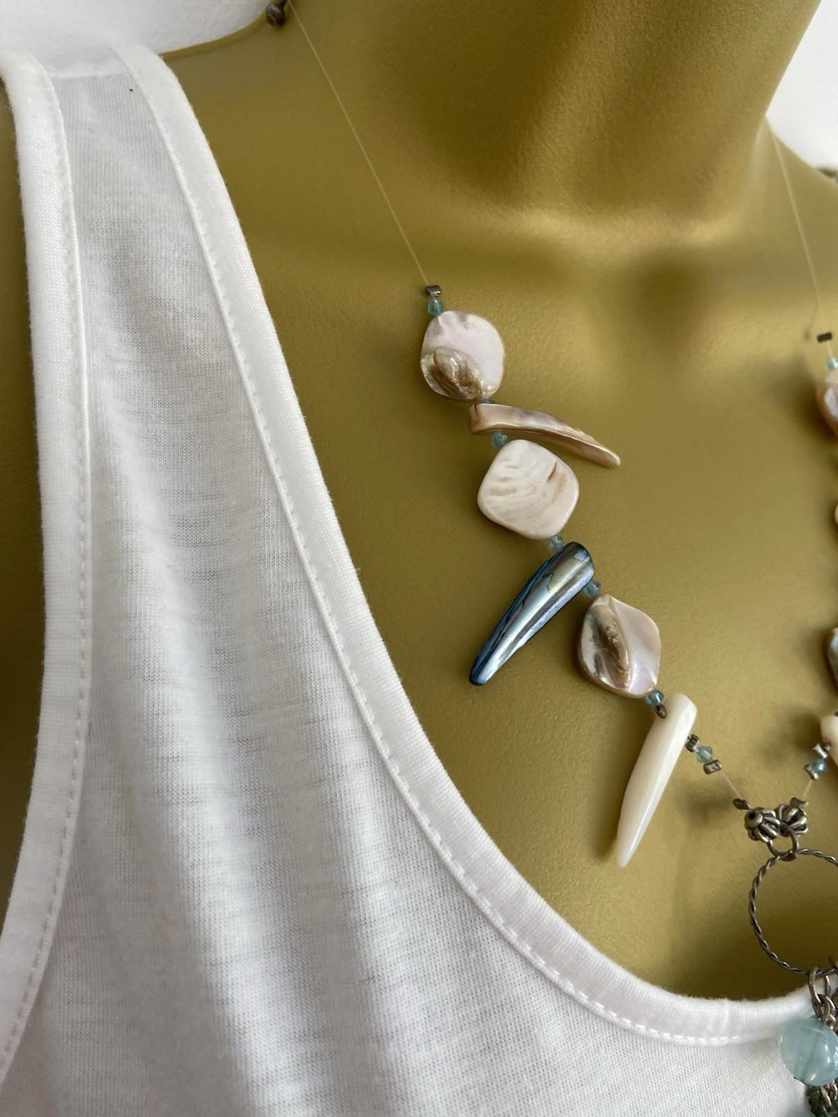 Boho Style Shell & Bead Pendant Necklace – 30cm Drop – Invisible Wire Finish