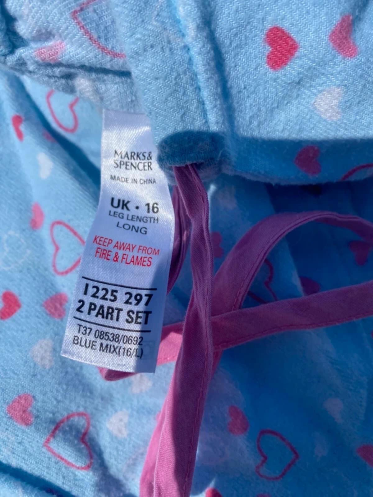 M&S Women’s Blue Heart Print Cotton Pyjama Set - Size 16 Long