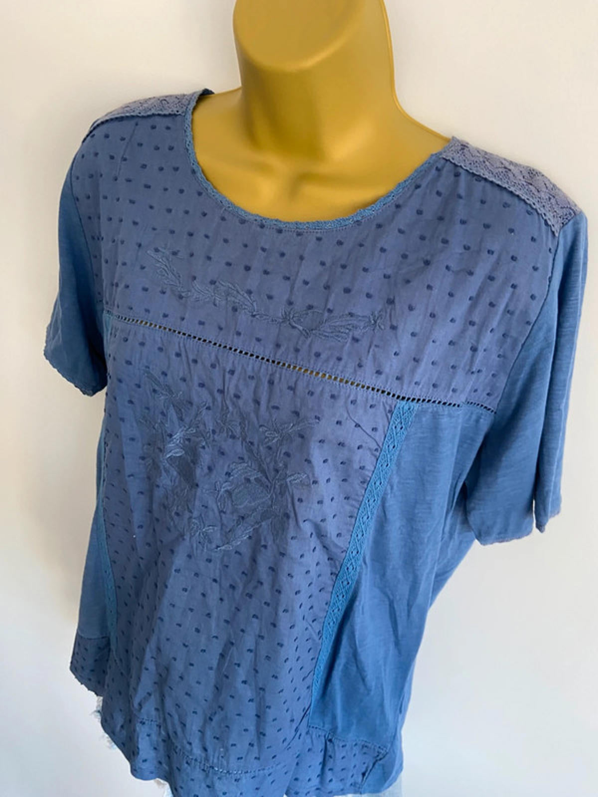ISLE Blue Embroidered Blouse – Size M 14/16 Lace Trim, 100% Cotton