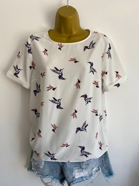 Primark White Bird Print Blouse – Size 10 – Short Sleeve, Lightweight
