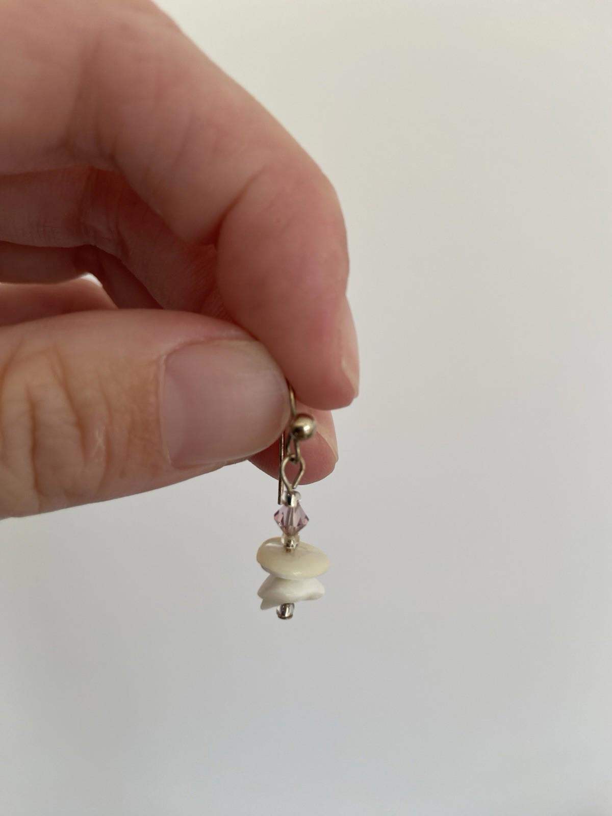 Dangle Earrings – White Polished Stone with Pink Gem on Fish Hooks, 3cm Drop