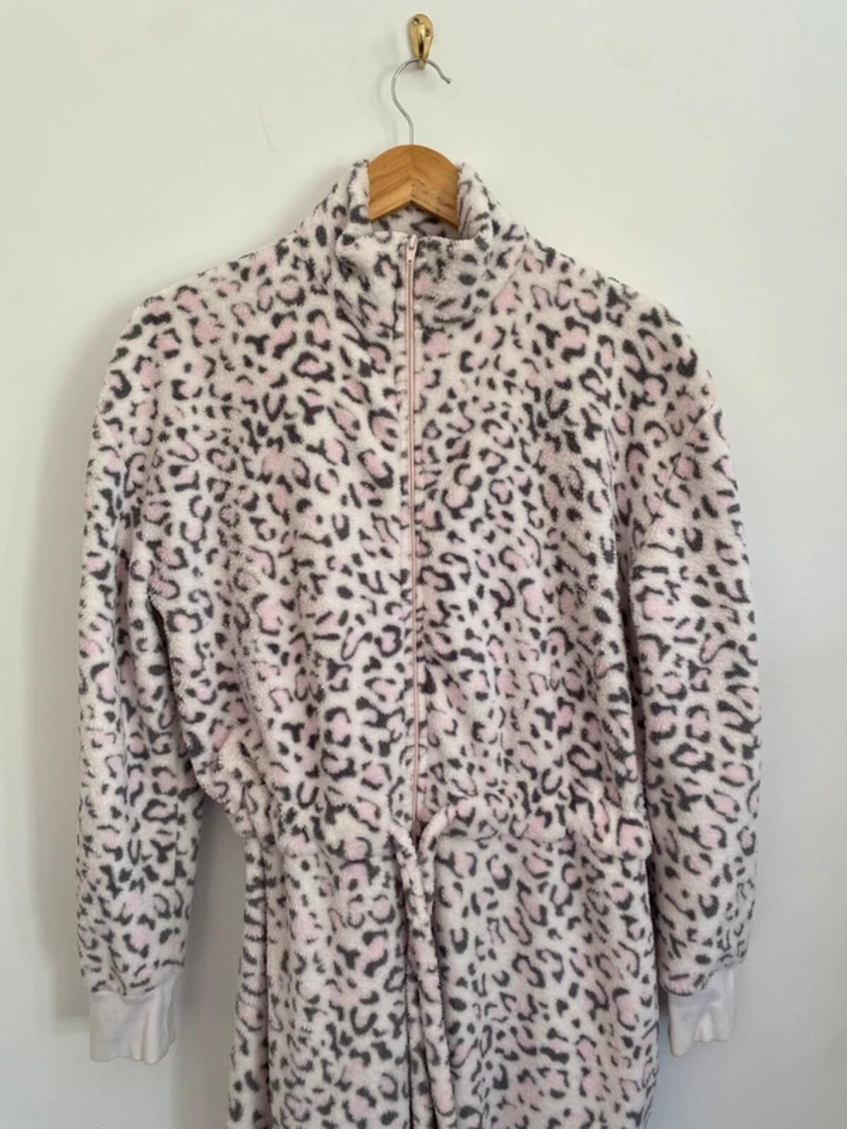 La Marquise Women’s Leopard Print Fleece Onesie Size 14-16 - Luxury Fluffy Pink & Grey Animal Print
