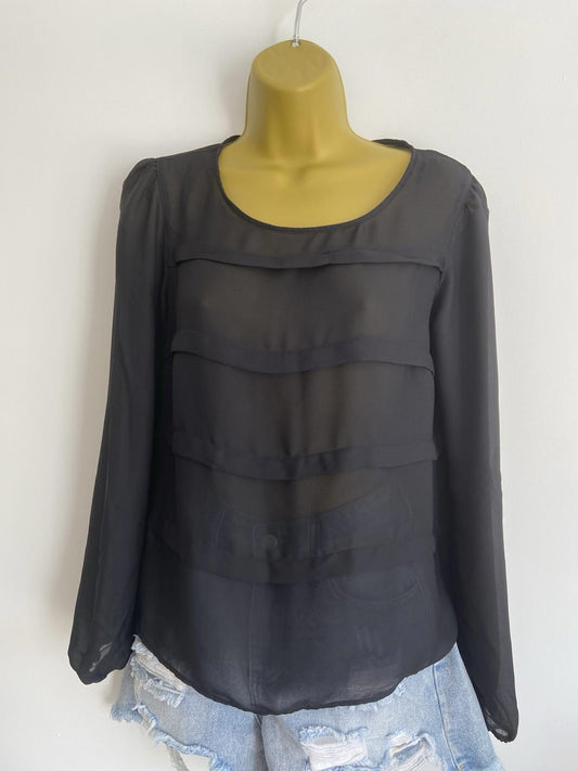 George Sheer Black Blouse – Size 10 – White Pleats & Long Sleeves