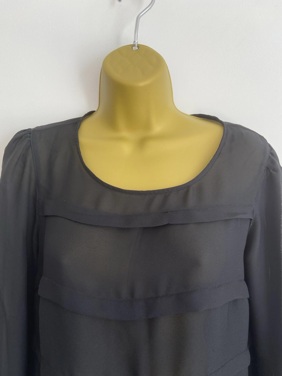 George Sheer Black Blouse – Size 10 – White Pleats & Long Sleeves