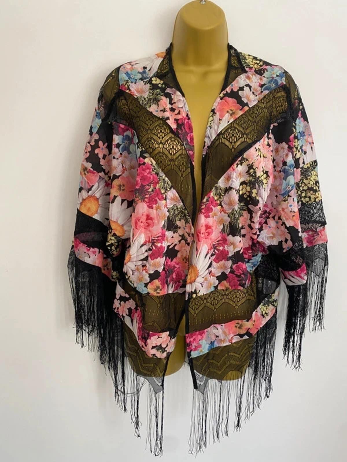 Parisian Collection Floral Tassel Kimono Beach Cover Up - Size 10