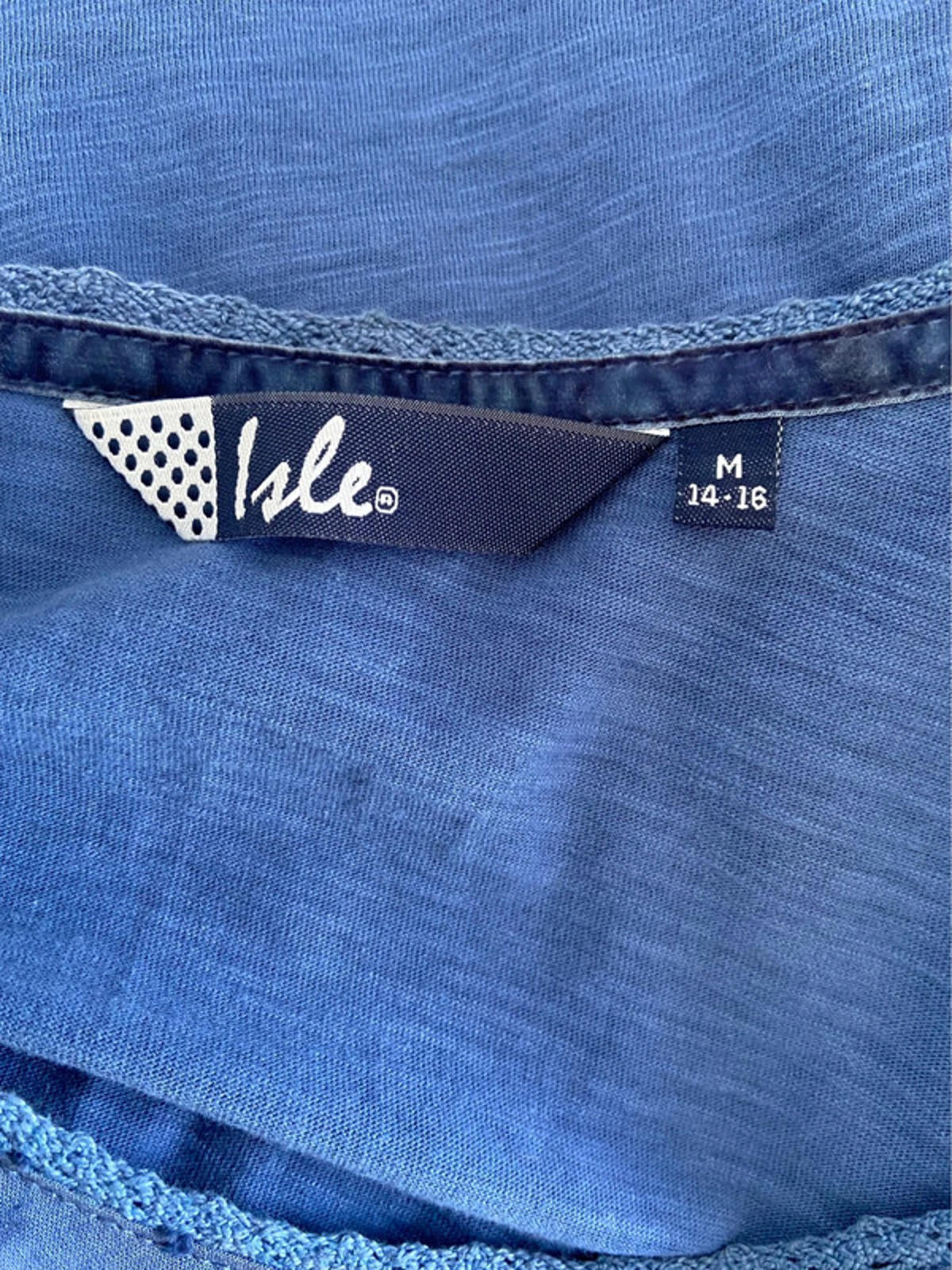 ISLE Blue Embroidered Blouse – Size M 14/16 Lace Trim, 100% Cotton