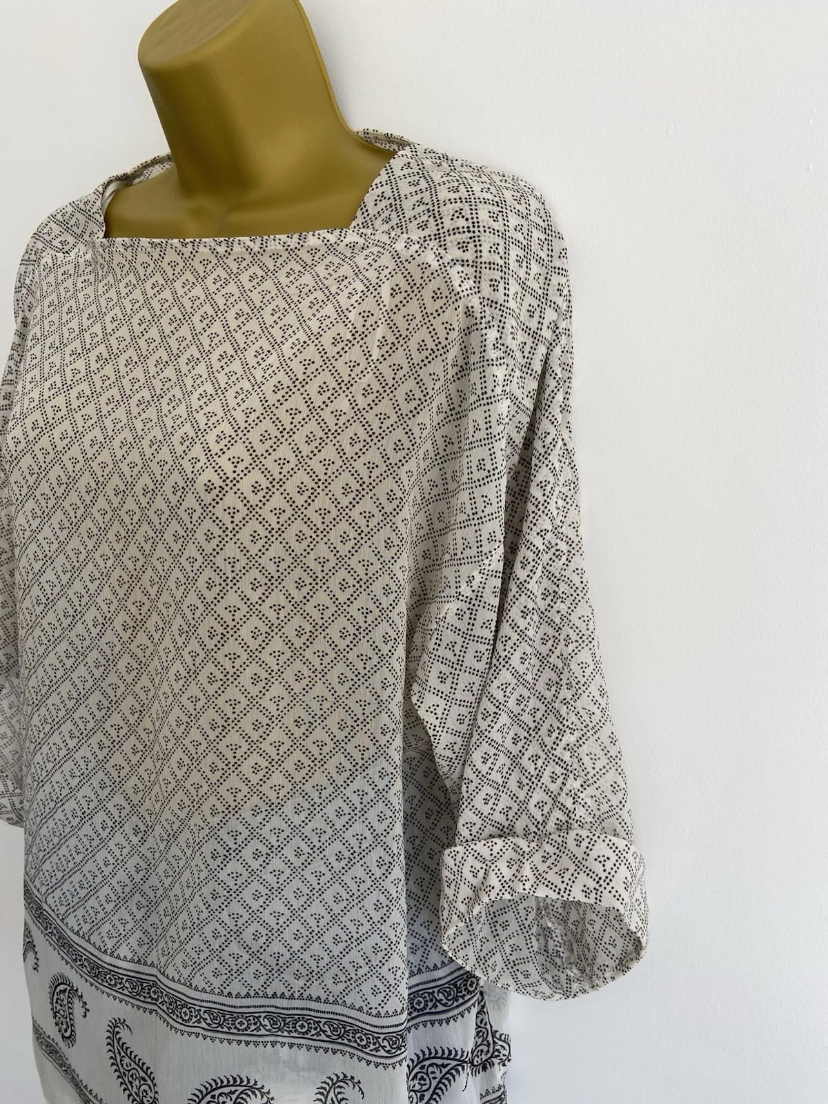 H&M White & Black Moroccan Print Blouse – Size 8 – Lightweight, Sheer