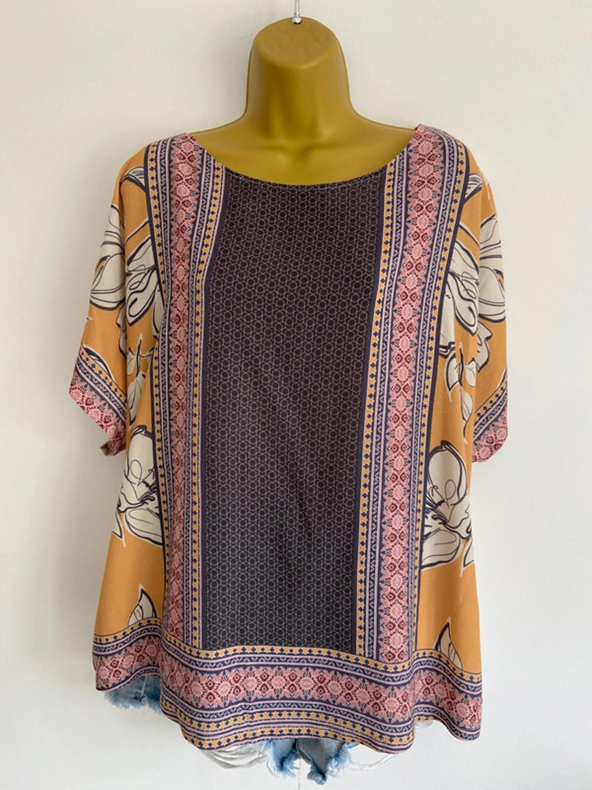 Bonmarché Moroccan Print Blouse  Size 18 – Mustard Yellow & Blue, Pre-Loved