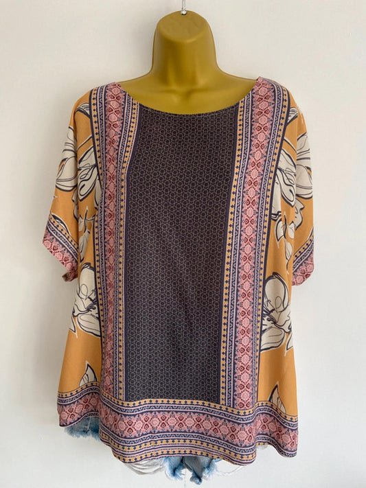 Bonmarché Moroccan Print Blouse  Size 18 – Mustard Yellow & Blue, Pre-Loved