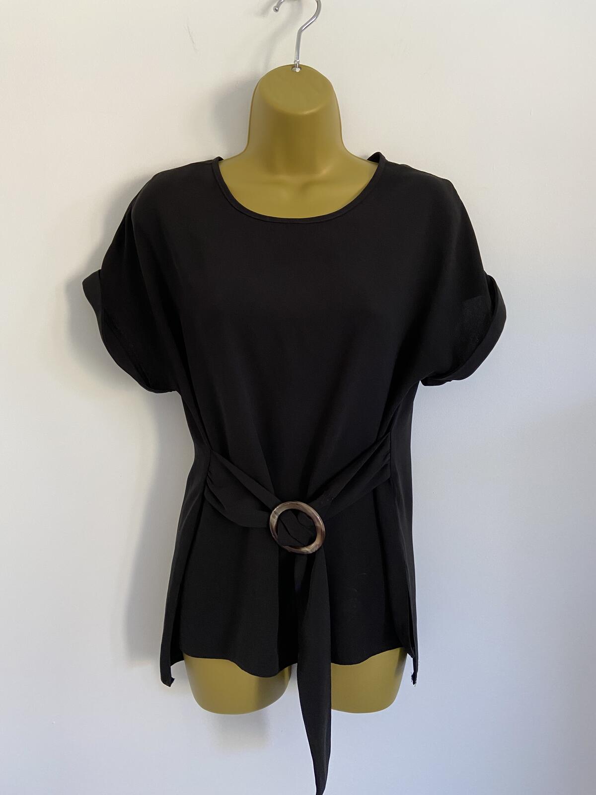 New Look Women’s Black Short Sleeve Blouse with Tortoiseshell Ring Belt Size 8