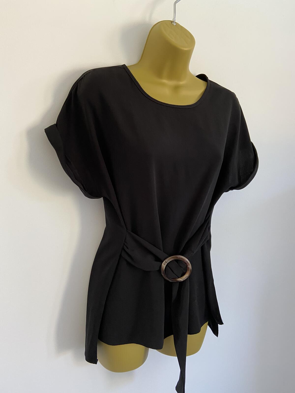 New Look Women’s Black Short Sleeve Blouse with Tortoiseshell Ring Belt Size 8