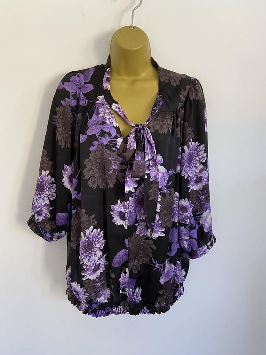 Amphora Women’s Black & Purple Floral Tie Neck Elastic Waist Blouse Size 12 M