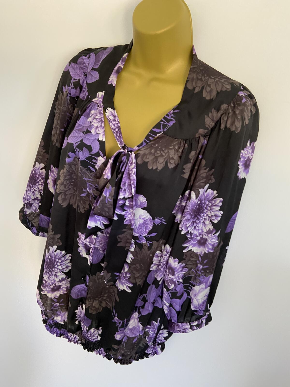 Amphora Women’s Black & Purple Floral Tie Neck Elastic Waist Blouse Size 12 M