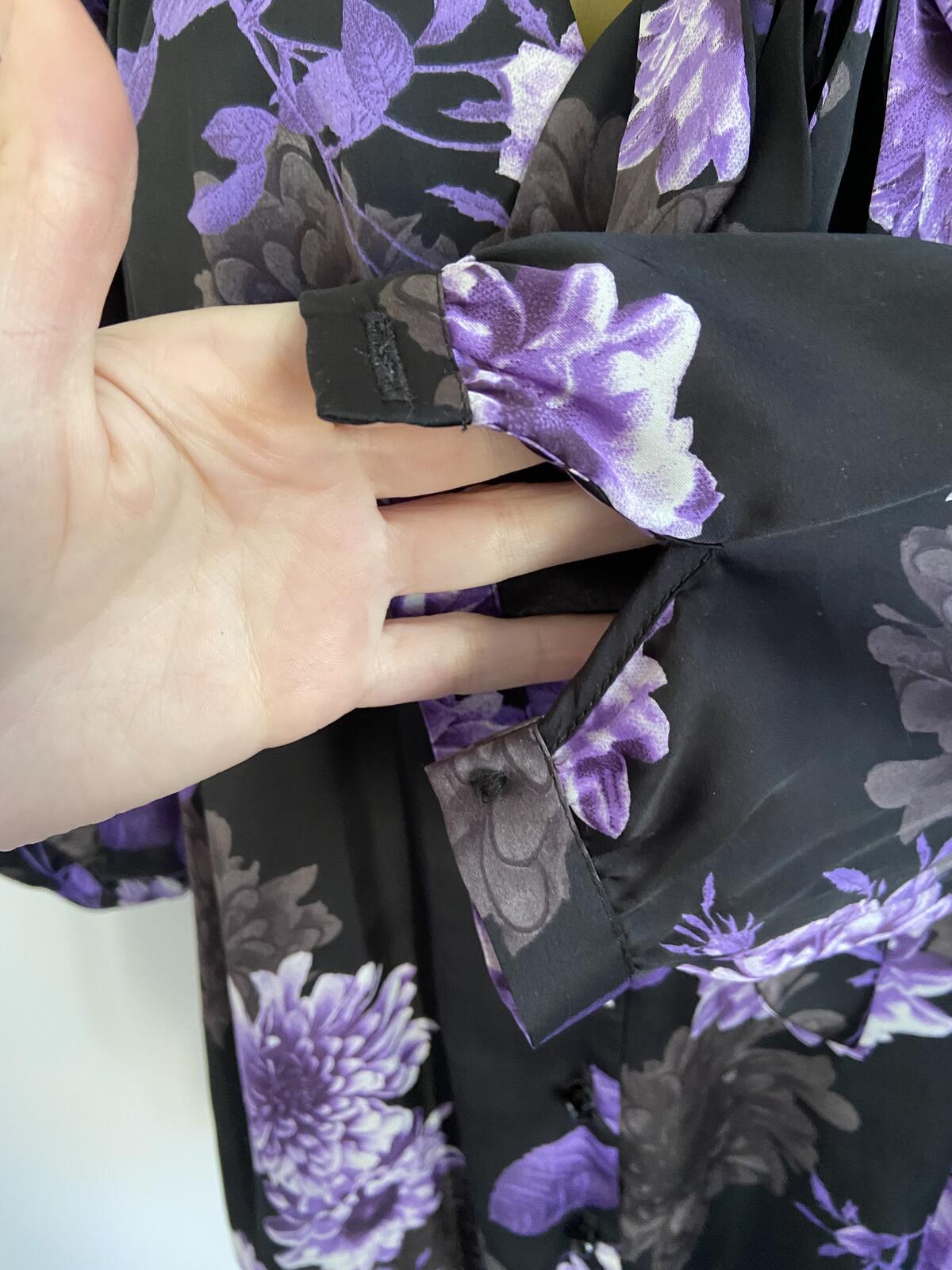 Amphora Women’s Black & Purple Floral Tie Neck Elastic Waist Blouse Size 12 M