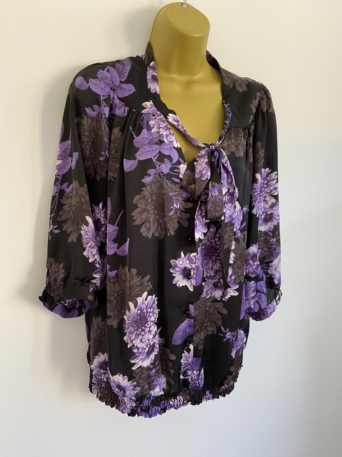 Amphora Women’s Black & Purple Floral Tie Neck Elastic Waist Blouse Size 12 M