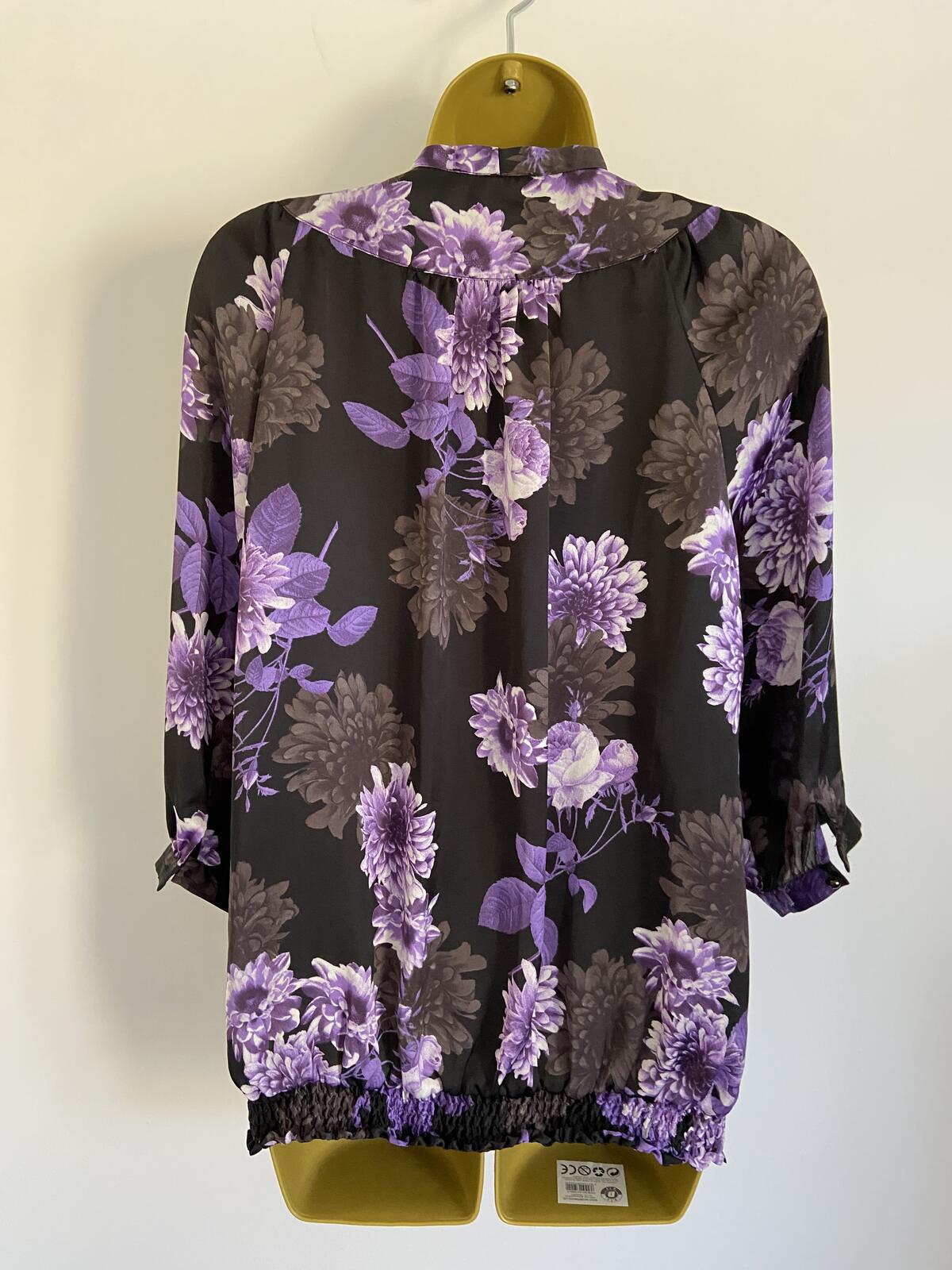 Amphora Women’s Black & Purple Floral Tie Neck Elastic Waist Blouse Size 12 M