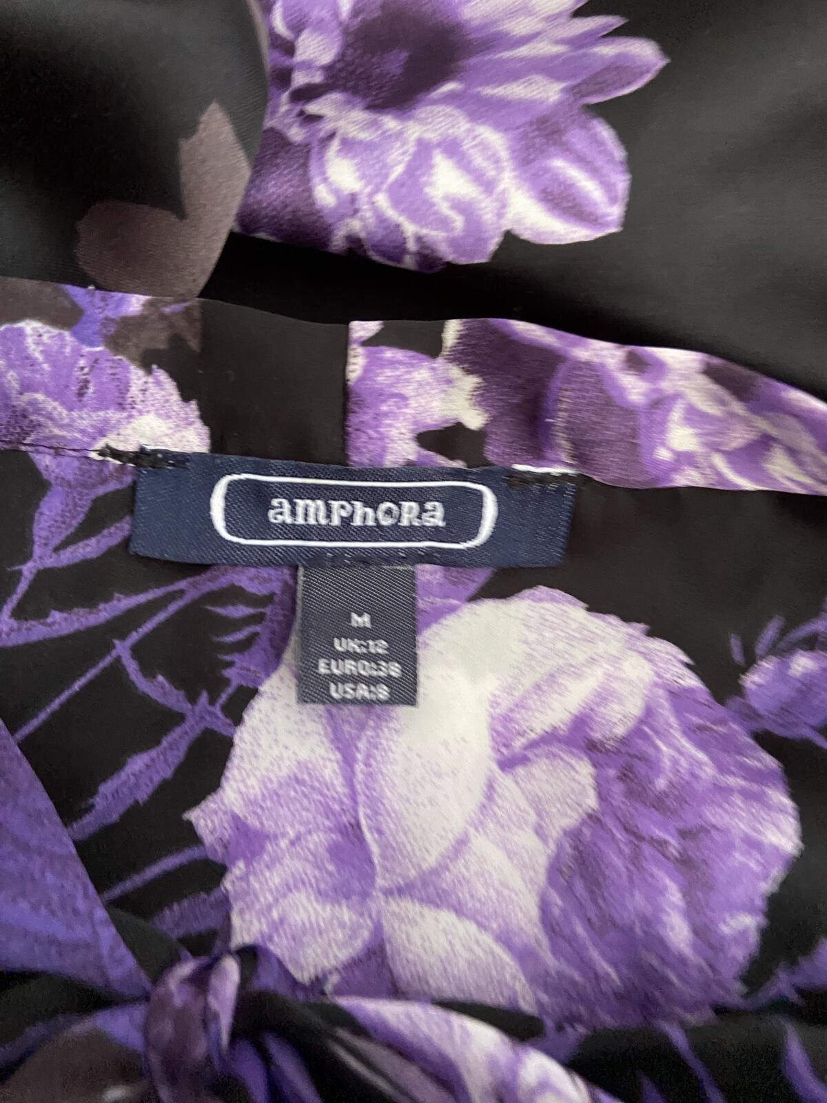 Amphora Women’s Black & Purple Floral Tie Neck Elastic Waist Blouse Size 12 M