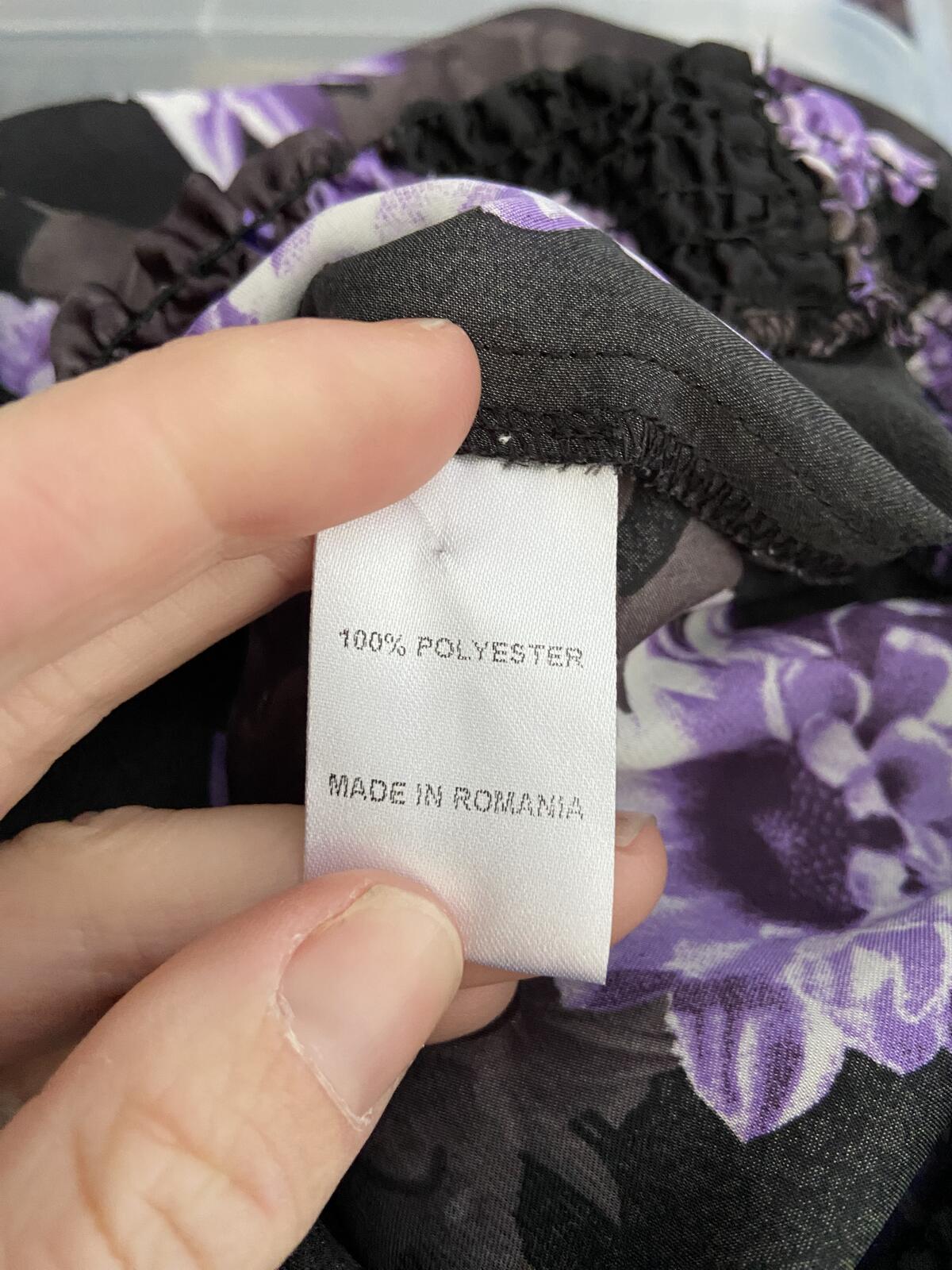 Amphora Women’s Black & Purple Floral Tie Neck Elastic Waist Blouse Size 12 M