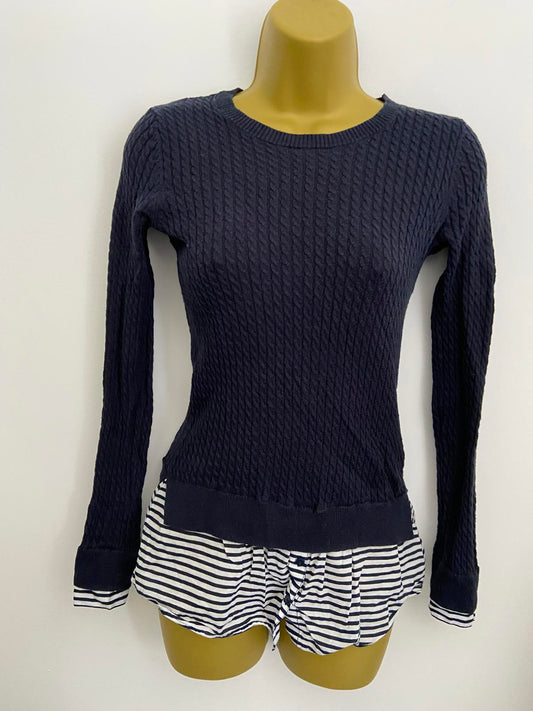 Next Petite 2-in-1 Jumper & Shirt - Navy Aran Knit & Blue Stripe, Size 6