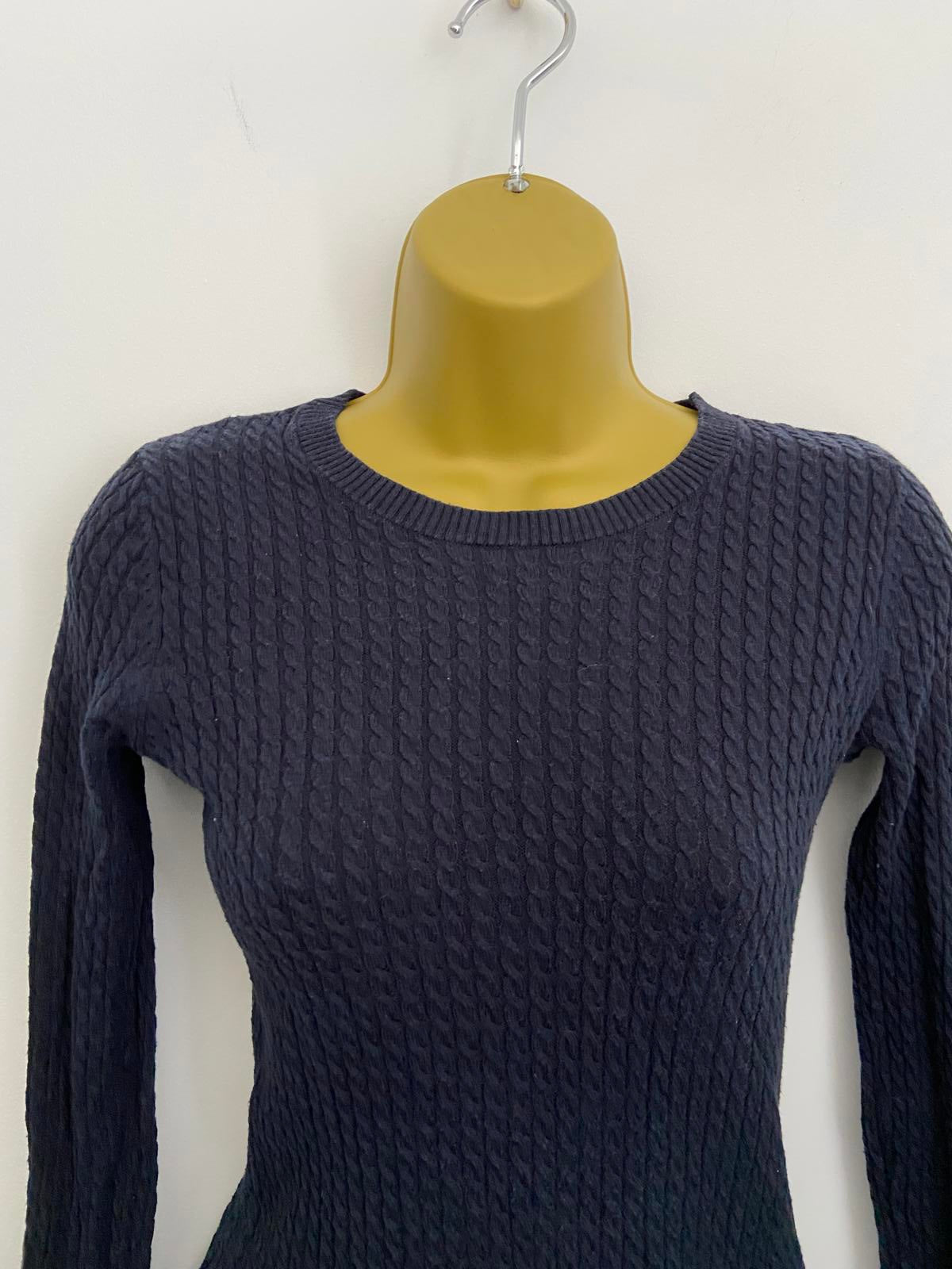 Next Petite 2-in-1 Jumper & Shirt - Navy Aran Knit & Blue Stripe, Size 6