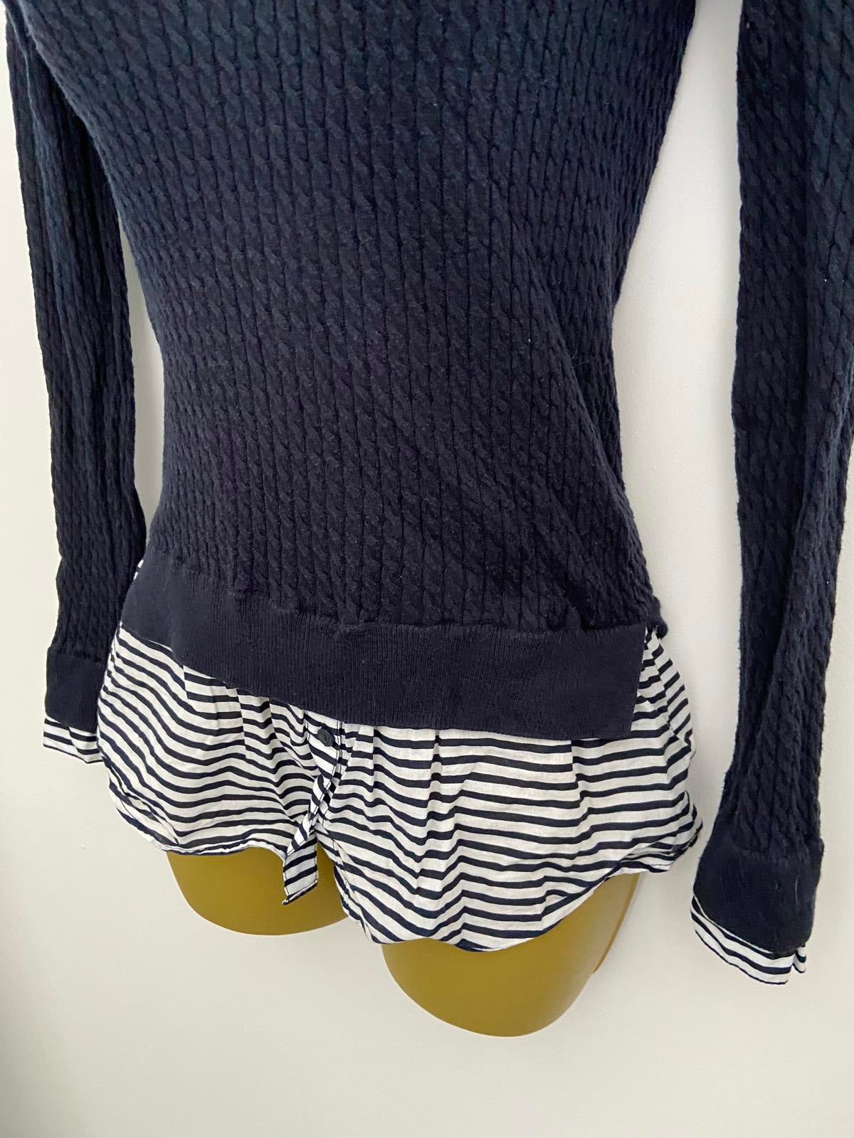Next Petite 2-in-1 Jumper & Shirt - Navy Aran Knit & Blue Stripe, Size 6