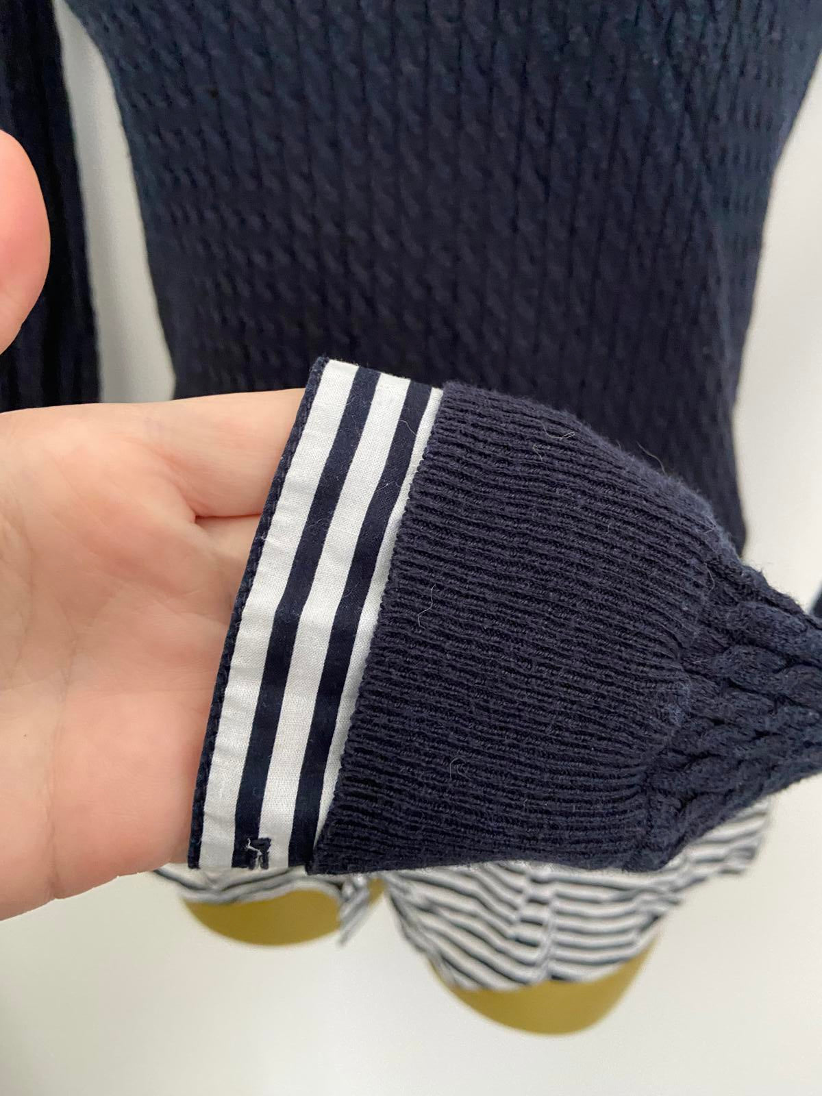 Next Petite 2-in-1 Jumper & Shirt - Navy Aran Knit & Blue Stripe, Size 6
